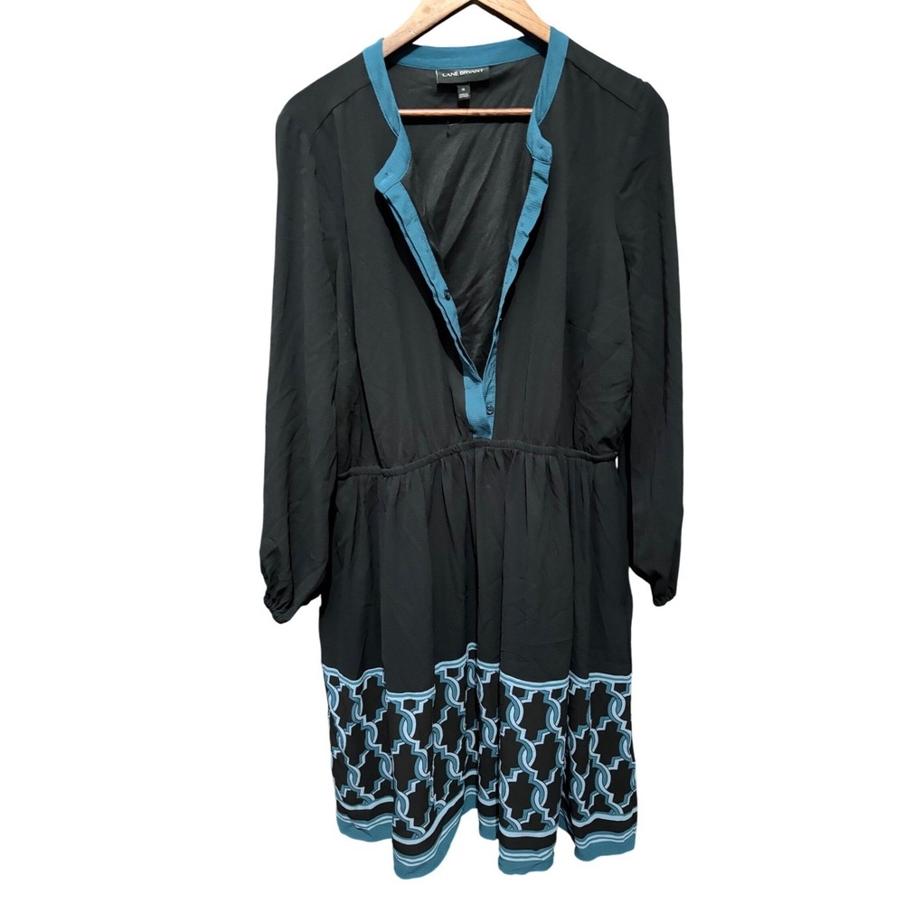 Lane Bryant Dress Size 16 Black Teal Geometric Long Sleeve Button Down